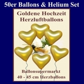 Herzluftballons mit Helium in Gold, Maxi-Set zur Goldenen Hochzeit, 50 Ballons und Ballongasflasche