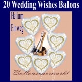 20 Luftballons aus Folie, Hochzeit, Wedding Wishes mit dem Helium-Einweg-Behälter