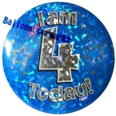 Jumbo Ansteckbutton, Tischaufsteller, I am 4 today, blau