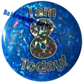 Jumbo Ansteckbutton, Tischaufsteller, I am 8 today, blau