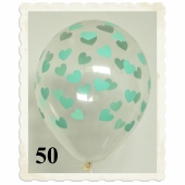 Luftballons 30 cm, Kristall, Transparent mit Mintgrünen Herzen, 50 Stück