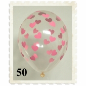 Luftballons 30 cm, Kristall, Transparent mit rosa Herzen, 50 Stück