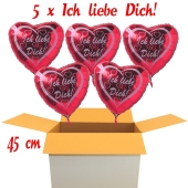 Valentinsgrüße im Karton, 5 x Ich liebe Dich Herzluftballons mit Helium