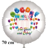 "Viel Glück und Erfolg zum Schulanfang!" ABC Runder Luftballon, satinweiß, 70 cm