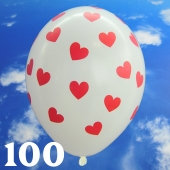 Luftballons 30 cm, Pastell-Weiß mit roten Herzen, 100 Stück