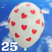 Luftballons 30 cm, Pastell-Weiß mit roten Herzen, 25 Stück