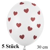 Luftballons 30 cm, Pastell-Weiß mit roten Herzen, 5 Stück-Beutel
