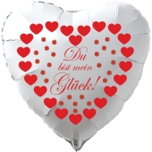 Herzluftballon in Weiß "Du bist mein Glück!" zum Valentinstag mit roten Herzen und Glücksklee