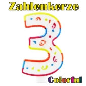 Zahlenkerze Zahl 3, Colorful Candle, zu Geburtstag, Jubiläum und Kindergeburtstag