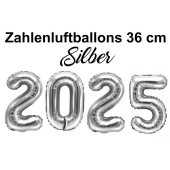 Zahlendekoration Silvester 2025 silber 36cm grosse Zahlen befüllbare Ballons aus Folie