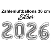 Zahlendekoration Silvester 2026 silber 36cm grosse Zahlen befüllbare Ballons aus Folie