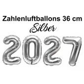 Zahlendekoration Silvester 2027 silber 36cm grosse Zahlen befüllbare Ballons aus Folie