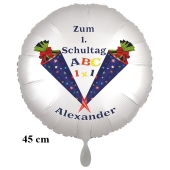 Zum 1. Schultag, personalisierter Luftballon aus Folie mit Namen des Schülers, weißer Rundballon mit Ballongas-Helium