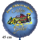 Zum Führerschein Alles Gute! Satinblauer Luftballon, 45 cm, ohne Helium