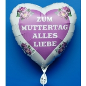 Zum-Muttertag-Alles-Liebe, weißer Herzluftballon aus-Folie mit Helium, verziert mit Herz und Blumen