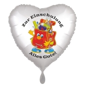 Zur Einschulung alles Gute, weißer Herzluftballon aus Folie Mit Ballongas Helium