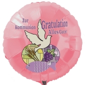 Zur Kommunion Gratulation - alles Gute, rosa Luftballon aus Folie mit Helium