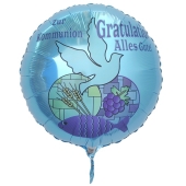 Zur Kommunion Gratulation - alles Gute, türkiser Luftballon aus Folie mit Helium