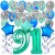  34-teiliges Geburtstagsdeko-Set mit Luftballons, Happy Birthday Aquamarin zum 91. Geburtstag