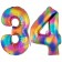 Zahl 34 Regenbogen, Zahlen Luftballons aus Folie zum 34. Geburtstag, inklusive Helium