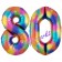 Zahl 80 Regenbogen, Zahlen Luftballons aus Folie zum 80. Geburtstag, inklusive Helium