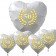 Bouquet zur goldenen Hochzeit, 1 großer Herzballon in Weiß und 4 kleine Herzballons in Weiß mit goldenen Kränzen und Herzen inklusive Helium Ballongas