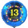 zum 13. Geburtstag, blauer Luftballon aus Folie mit der Zahl 13, Rundballon mit Helium Ballongas