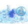 Tischdekoration, Button, Luftschlangen Konfetti und Puschel in Blau