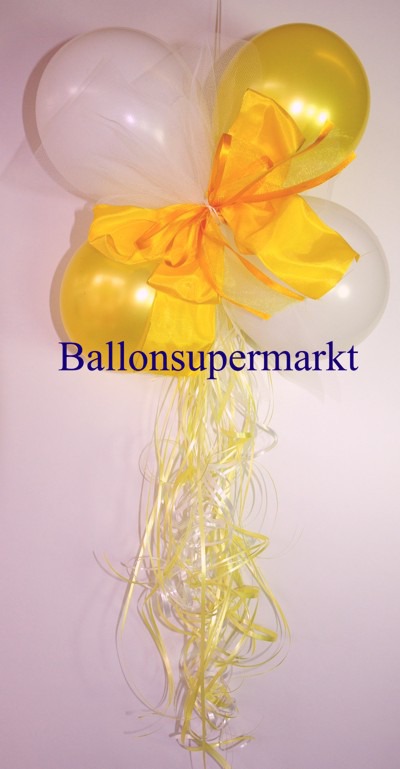 Mini-Luftballons-Dekoration-mit-Zierschleife-Hochzeit-Liebe-Gelb-Weiss