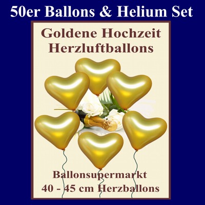 Ballons Helium Set Goldene Hochzeit, 50 golden Herzluftballons mit Heliumflasche und Ballonbändern